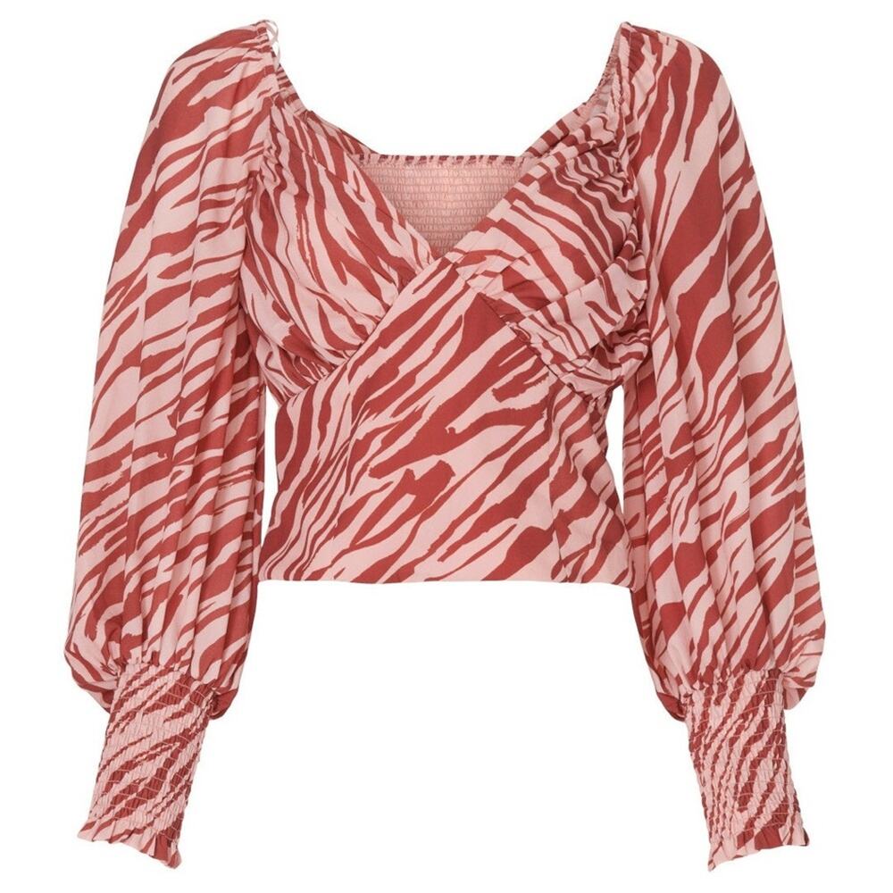 Slate & Willow Red Zebra Print Smocked Back Blouse Long Sleeve Women Size Small - Picture 5 of 8